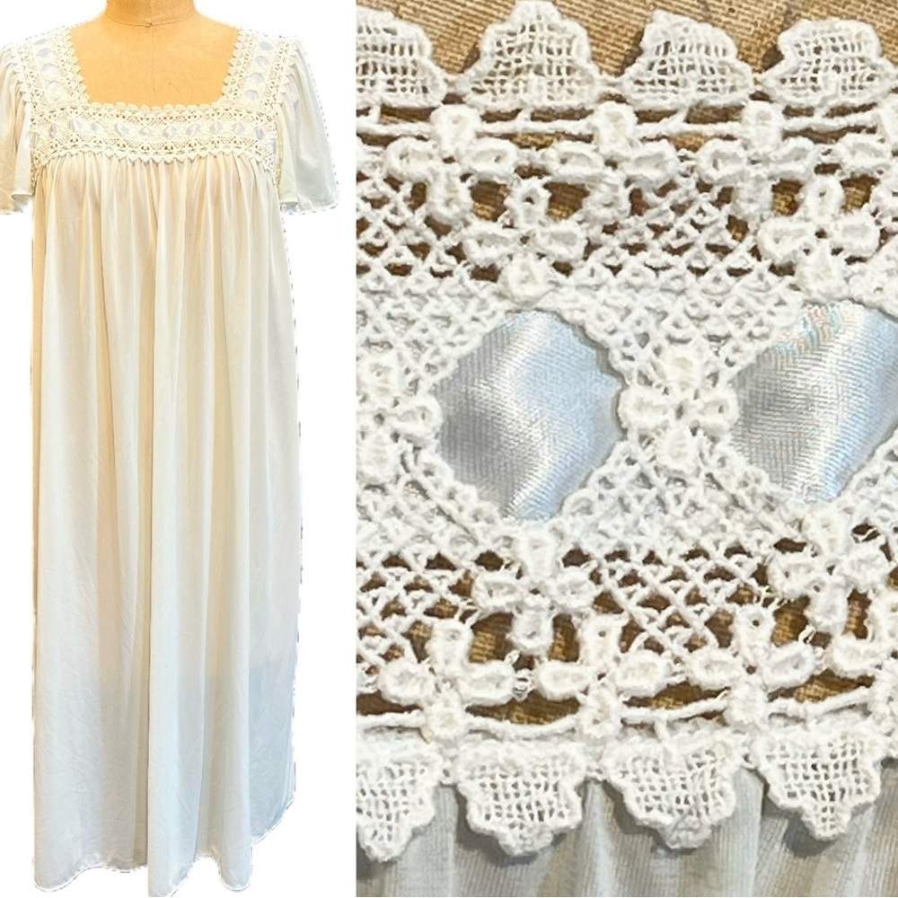 VINTAGE nylon crochet lace ribbon silky nightgown flutter sleeve midi lingerie